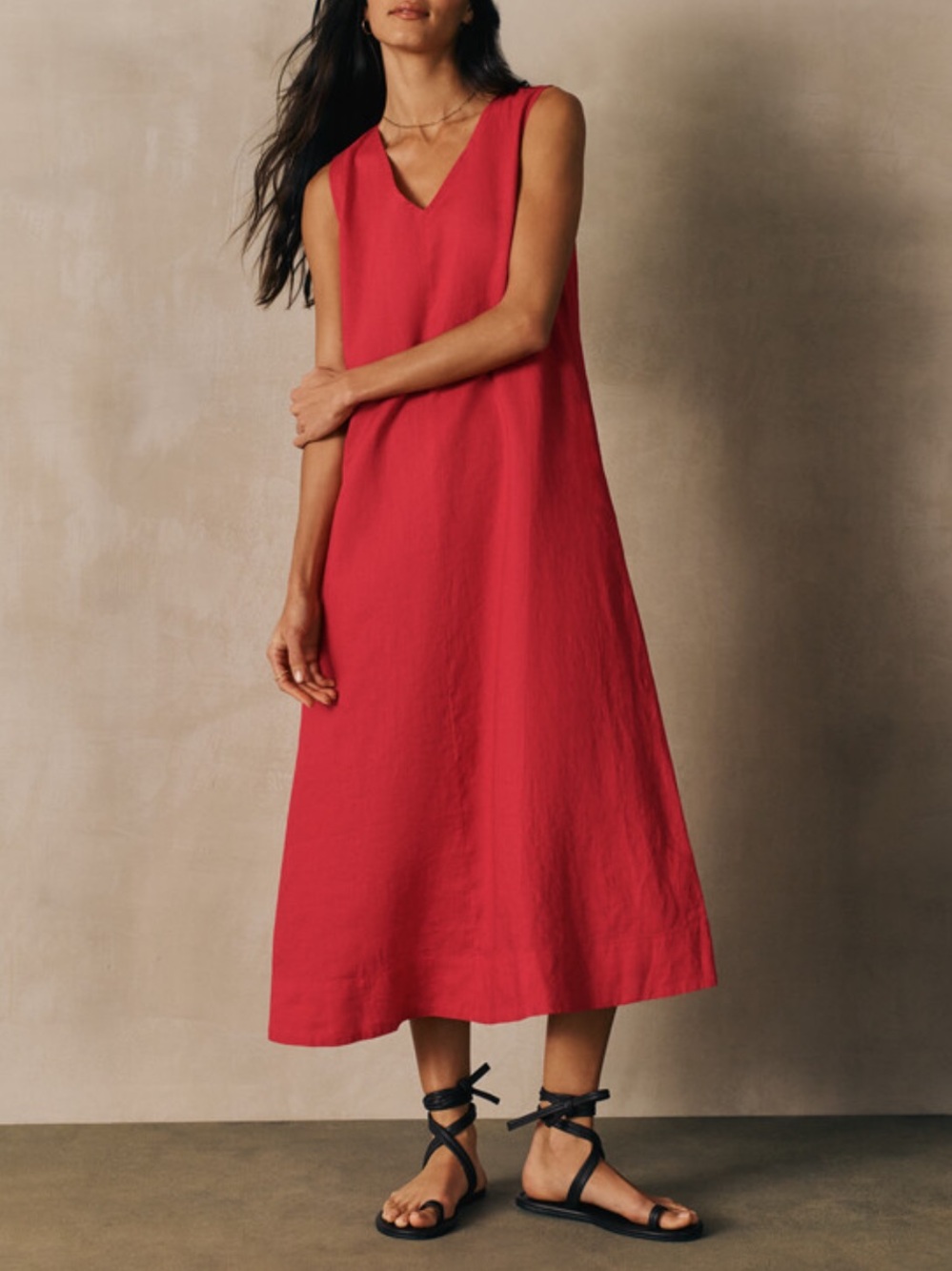 Eileen Fisher Sleeveless V-Neck Coral Red Linen Blend Midi Dress. Petite Large.